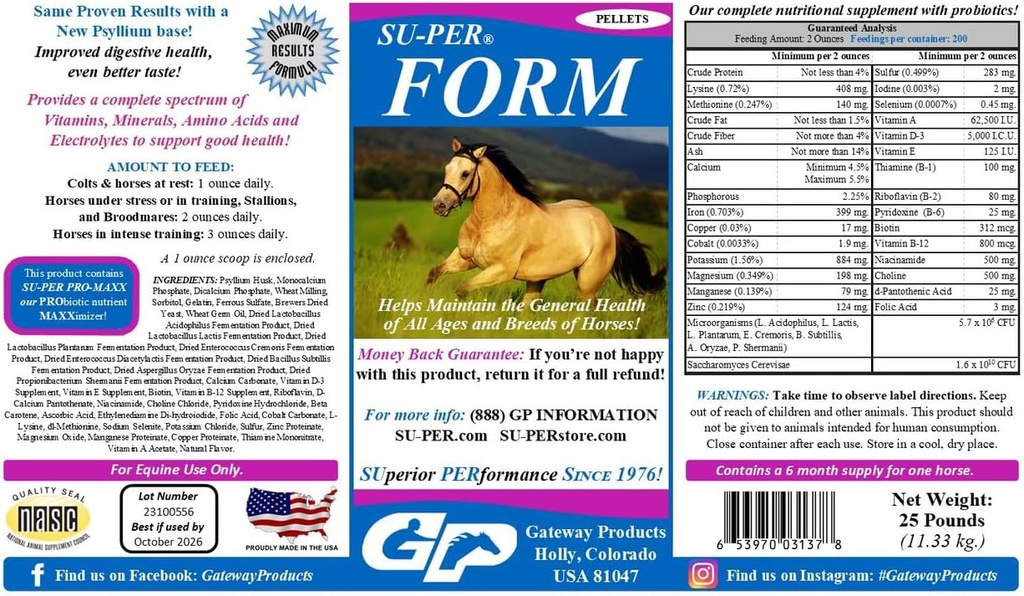 SU-PER vorm Paardenvitaminen en Mineralen Pellets - Voedingssupplement met Probiotica - Vitaminen, Mineralen, Aminozuren & Elektrolyten - Helpt bij het behoud van de algemene gezondheid - 25 pond, 6 maand levering