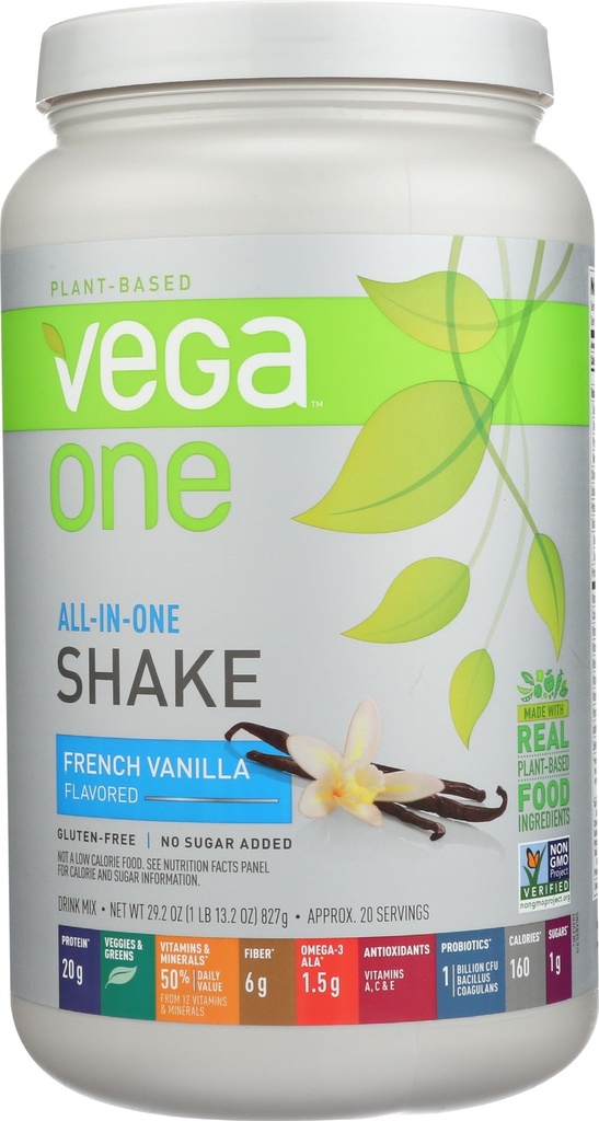 Vega One All in One Nutritional Shake Vanille française - Poudre de protéines végétales, non laitières, sans gluten, non OGM, 29.2 Ounce (paquet de 1)