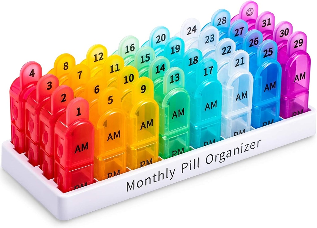 Organisateur Pill Mensuelle 2 fois par jour, 30 jours Organisateur Pill AM PM, 1 mois Organisateur Pill Box avec un design de poignée unique, 31 jours Voyage cas de pilule Midicine tenir à la vitamine, suppléments et médicaments