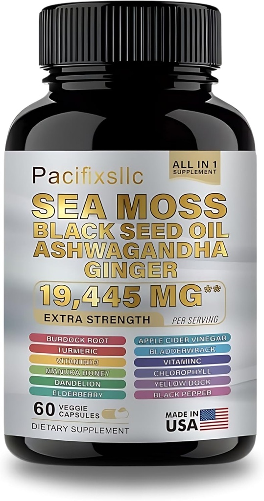 Sea Moss Black Seed Oil Ashwagandha Ginger Vitamine C & D3 met zwarte peper voor mannen & vrouwen