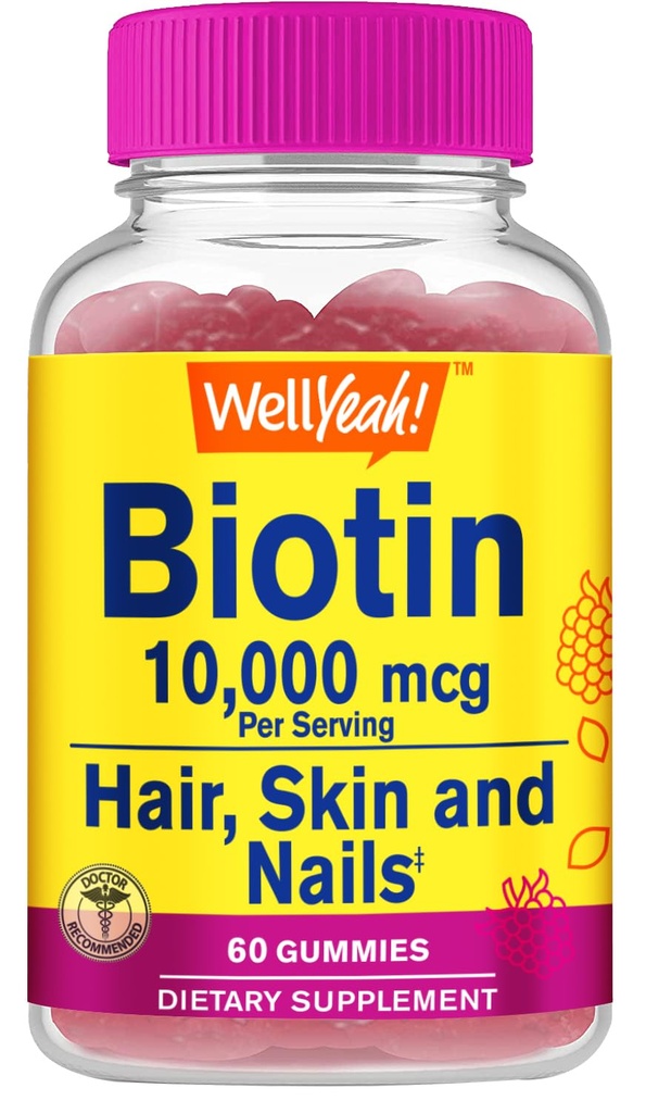 WellYeah High Potency Biotin 10.000 mcg Gummies - voor sterker haar, huid & Nails - Vegan-Friendly, Gluten-Free, Non-GMO, en Heerlijke Berry smaak - 60 Gummies