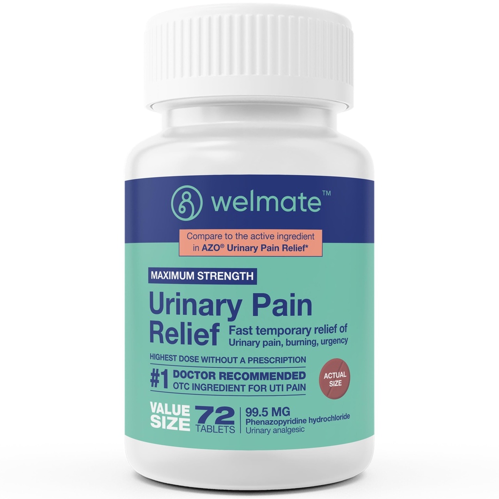 WELMATE - Urinepijnverlichting (72 tabletten) - Phenazopyridinehydrochloride 99,5 mg - Urinepijn, Urgency, & Discomfort - Maximale sterkte - Over-The-Counter Medication
