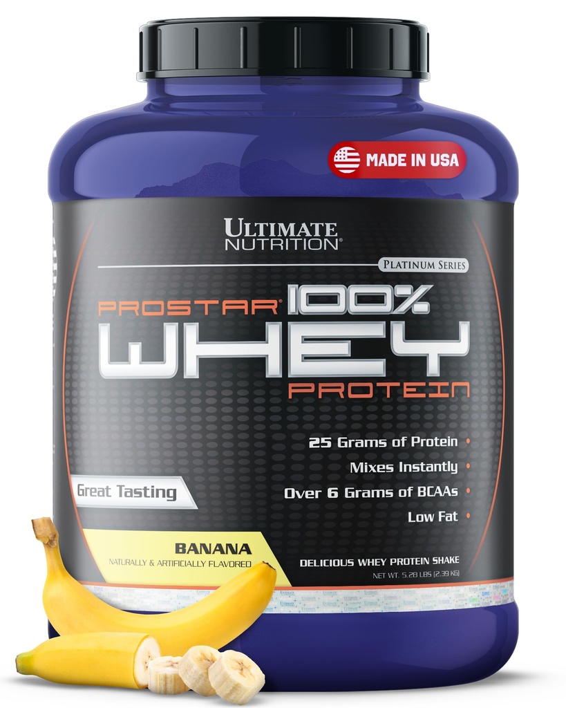 Ultimate Nutrition Prostar Whey Protein Powder Isolate, Banana - Low Carb, High Protein Powder Shake for Muscle Gain & Recovery - Low Sodium, Low-Fat & Keto Friendly - 5,28 lbs Tub