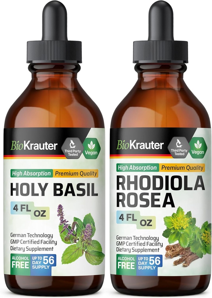 BIO KRAUTER Teinture de Basilic Saint 4 Fl. Oz. & Rhodiola Rosea Teinture 4 Fl. Oz.