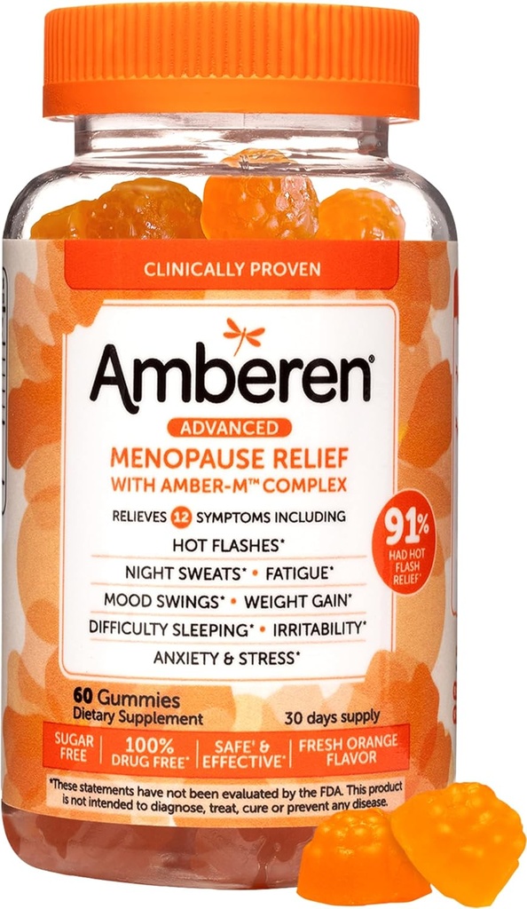 Amberen Menopauze supplementen voor vrouwen, Multi-Symptoom Relief, Vitamine E & Unieke Amberen samenstelling, helpt ondersteuning Hormone evenwicht, Hot Flashes & Nacht Sweats, Suikervrij, Oranje smaak, 60 Gummies