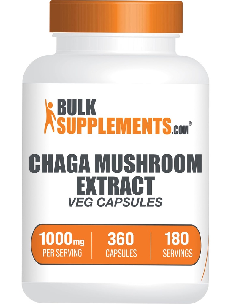 BulkSupplements.com Capsules d'extrait de champignons Chaga - Extrait de champignons Chaga, champignons Chaga - Sans végétalien et sans gluten, 2 capsules par portion (1000mg), 360 Nombre (paquet de 1)