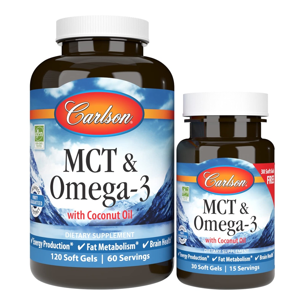 Carlson - MCT & Omega-3, Coconut Oil, Caprylic & Capric Acids, EPA & DHA, Energy Production, Fat Metabolisme & Brain Health, 120+30 Softgels
