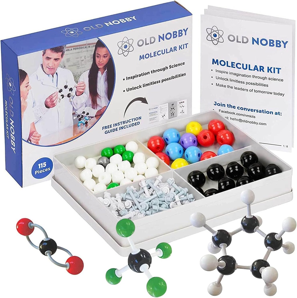 Old Nobby Chemistry Model Kit - 115 Piece Molecular Model Set omvat Atoms, Bonds, Instructional Guide - STEM Science Tool for Students, Organic Chemistry, Molecular Learning - Kleurrijke modellen
