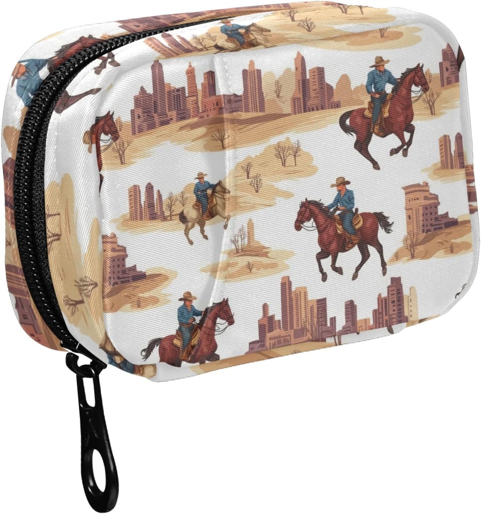 Fustylead Western Cowboy Riding Horse and Building Pill Organizer for Purse, Weekly Portable Pill Box with Zipper to Storage Vitamines Huiles de poisson Médicaments Suppléments