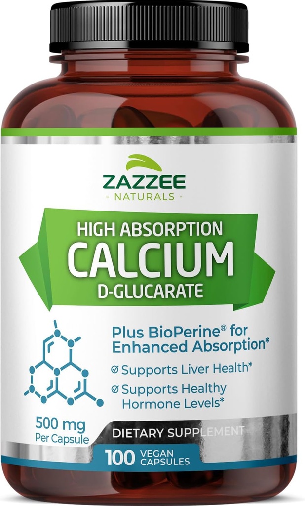 Zazzee Hoge Absorptie Calcium D-Glucaraat, 500 mg per capsule, 3 mg BioPerine voor Verbeterde Absorptie, 100 Vegan Capsules, Plus Broccoli 10:1 Extract, 100% Vegetarisch, CDG, All-Natural en Non-GMO