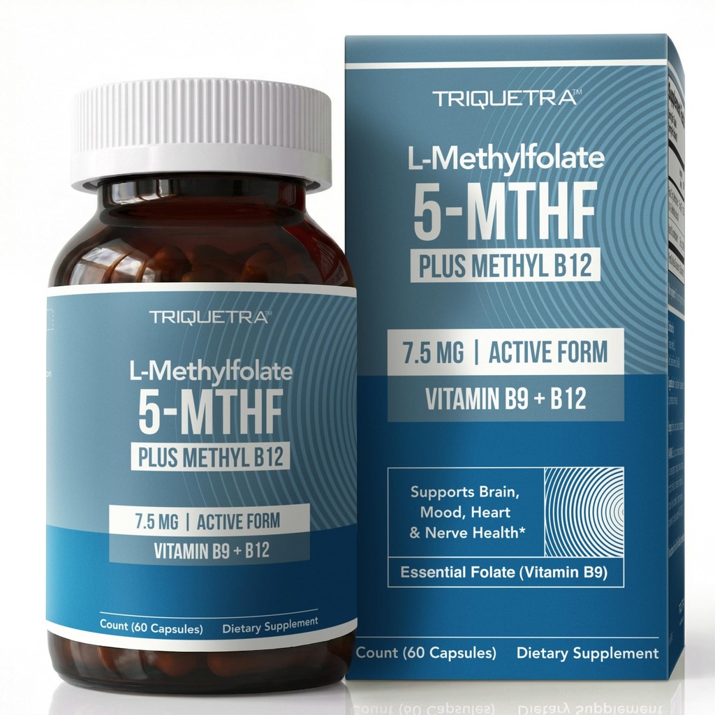 L Méthylfolate 7,5mg plus Méthyl B12 - Forme active 5-MTHF, supplément MTHFR - Folate méthylé prêt à circuler + B12 Cofacteur - Supports Mood, Homocysteine Méthylation, Cognition (60 Capsules)