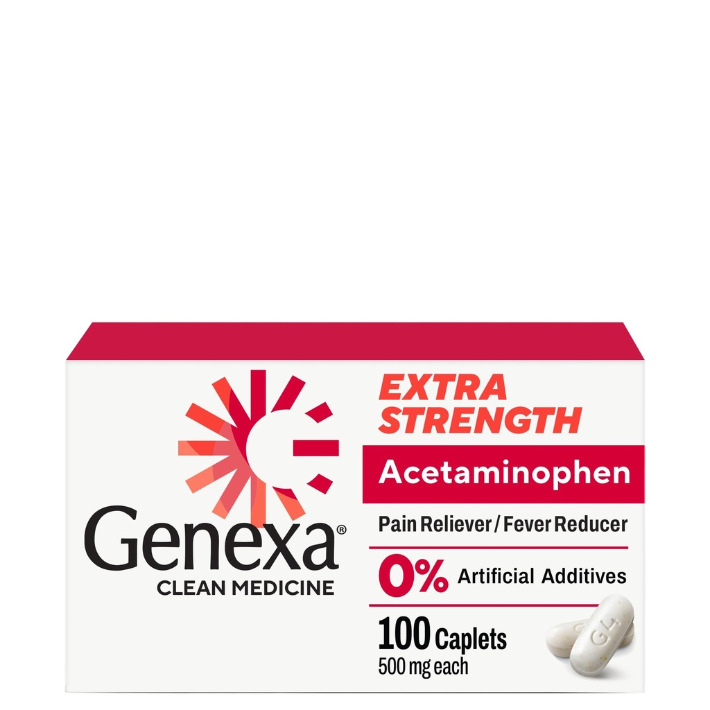 Genexa Clean Acetaminophen 500mg Extra sterkte, Verfvrije pijn Reducer van koorts, 0% Artificiële Additieven, Pijn Geneeskunde voor volwassenen, Verlicht Hoofdpijn, Rugpijn, Kleine Artritis Pijn, 100 tabletten