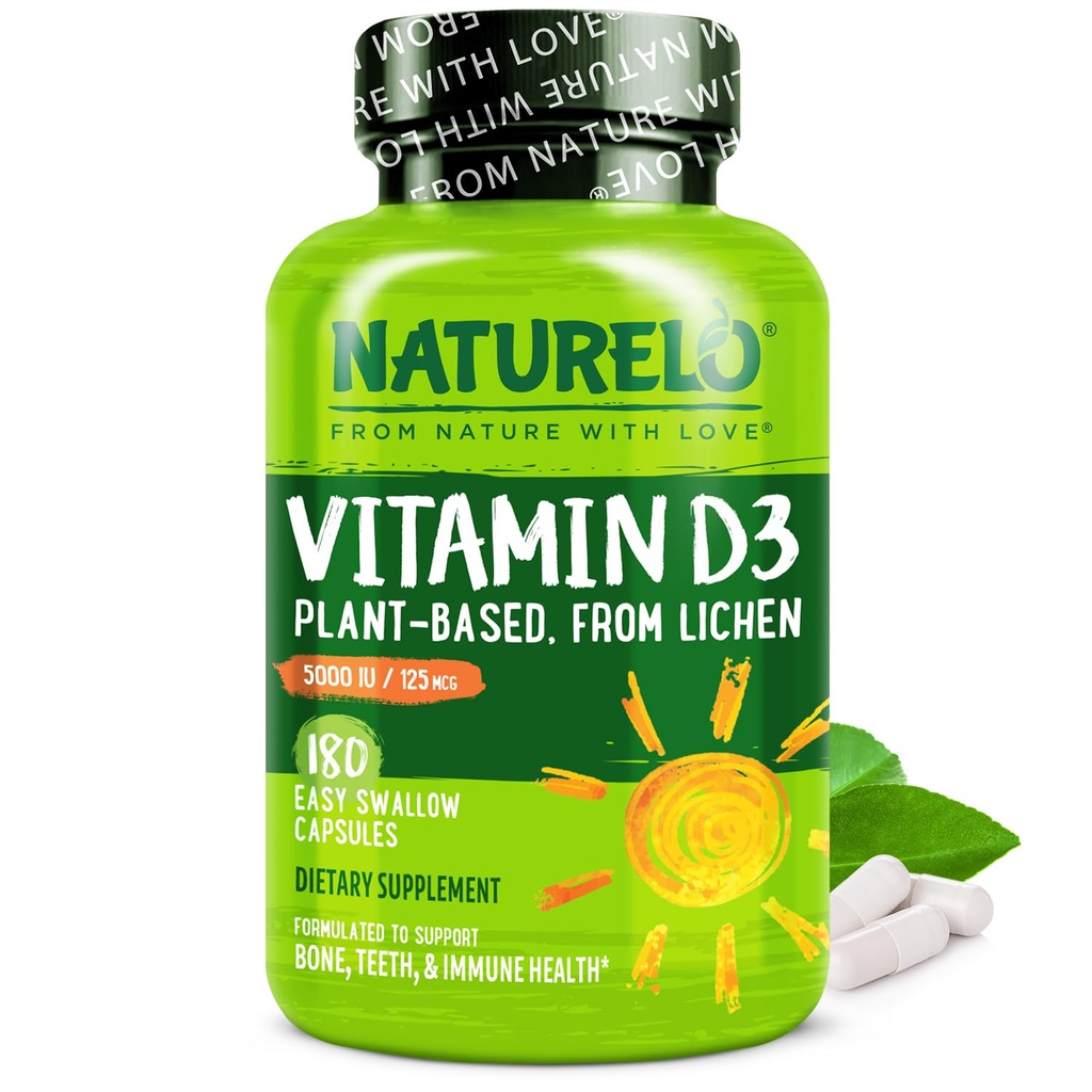 NATURELO Vitamine D - 5000 IE - Plant op basis van Lichen - Natural D3 Supplement for Immune System, Bone Support, Joint Health - High Potency - Vegan - Non-GMO - Glutenvrij - 180 Capsules