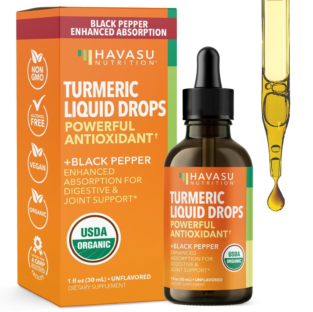 USDA gouttes de liquide curcuma biologique avec poivre noir - 1000mg Curcumin supplément pour la santé immunitaire et digestive - 30 portions - Absorption améliorée - Non-OGM, végétalien, sans gluten - Non aromatisé, 1 Fl Oz