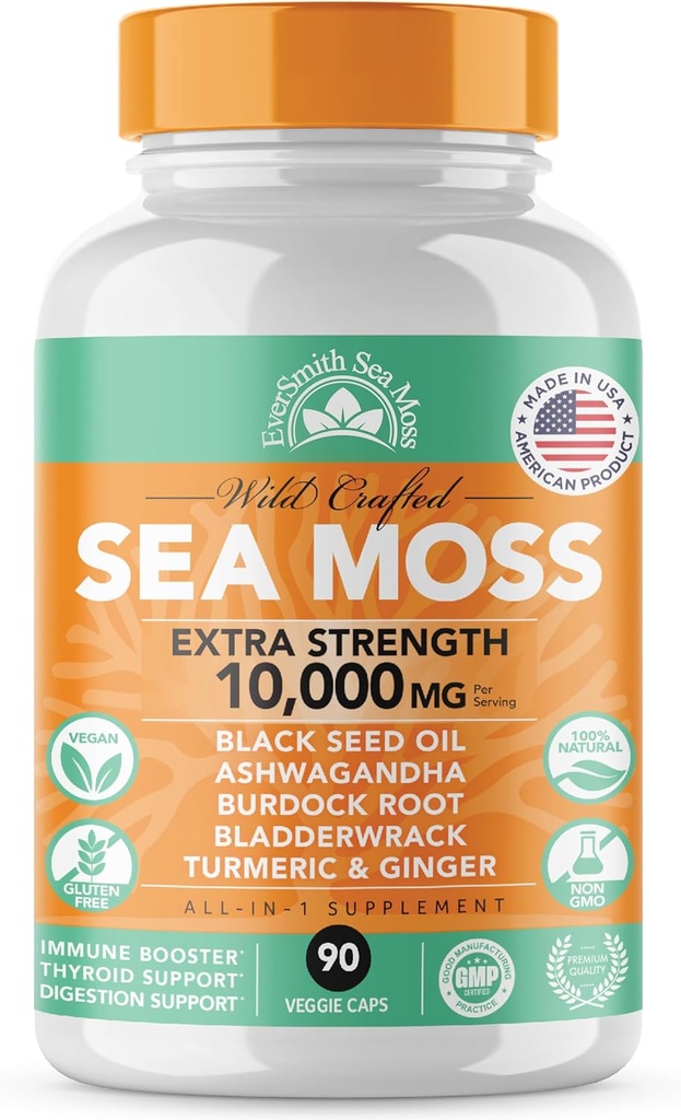 Irish Sea Moss 3.500mg, Black Seed Oil 2000mg, Bladderwrack 1000mg, Burdock Root 