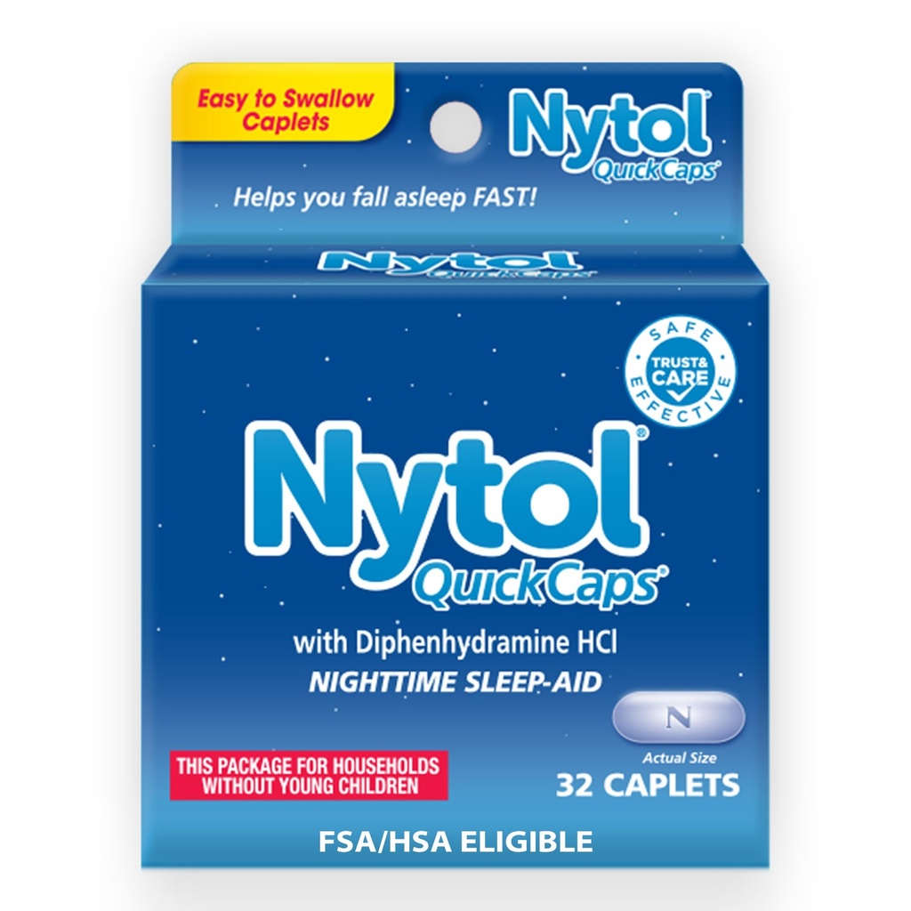 Nytol Quick Caps Nacht slaaphulp met difenhydramine HCI, gemakkelijk te slikken caplets om te vallen slaap snel, 32 Tel