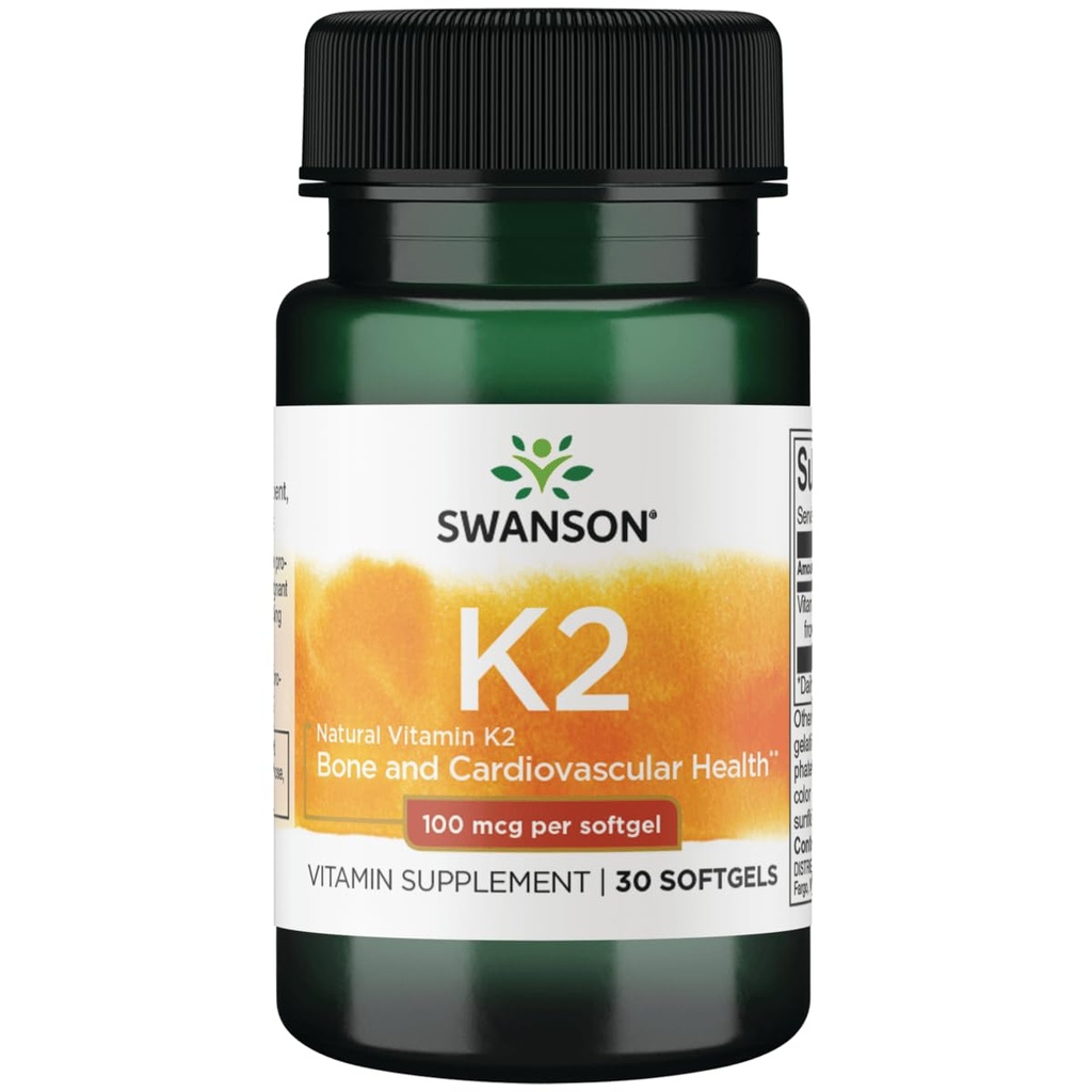 Swanson Vitamine K2 (Menachinon-7) - Vitaminesupplement ter ondersteuning van cardiovasculaire en botgezondheid - Gemaakt van Japanse Natto om calcium te reguleren - (30 Softgels, 100 mcg Elk)