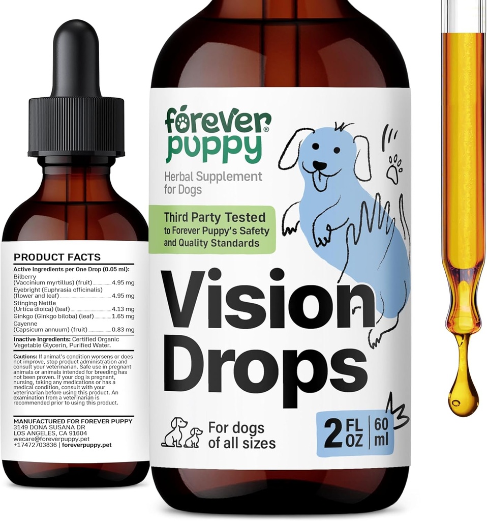 Forever Puppy Vision Supplements for Dogs - Eye Tinctuur w/Bilberry & Eyebright Herb - All Rases & Sizes - Liquid Dog Food Supplements for Vision Support & Eye Clarity - Sugar & Alcohol-Free - 2 oz