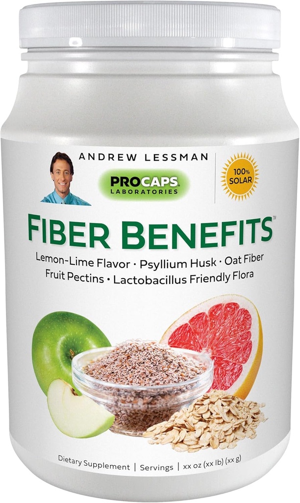 ANDREW LESSMAN Vezelvoordelen Poeder 120 Servers - Lemon-Lime, Voorzichtig, Natuurlijke Oplosbare/Onoplosbare Vezel, Promoot Regularity, Reiniging. Psyllium Husk, haver, appel, grapefruit, Guar Gum, probiotica