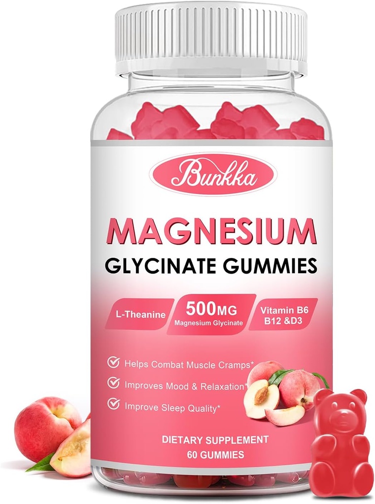 Magnesium Glycinate Gummies - Sugar Free, Magnesium Complex Potassium Supplement with Potassium, VitaminD, B6 for Calm, Sleep & Stress Relief for Adults - 60 Peach Gummies