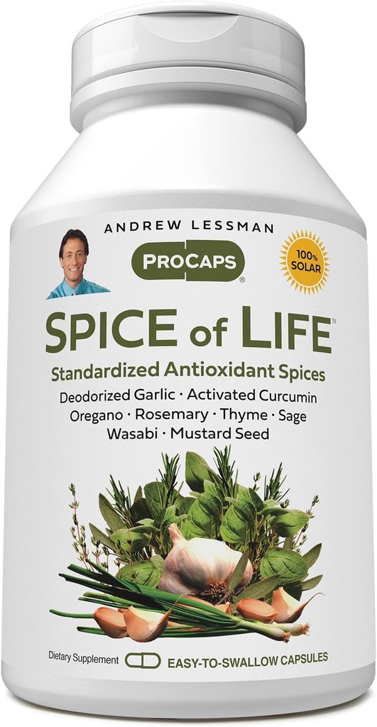 ANDREW LESSMAN Spice of Life 60 Capsules - Acht wetenschappelijk opgerichte Extracten, Concentraten. Health Promoting Spices. Knoflook, Curcumine, Oregano, Rozemarijn, Salie, Tijm, Mosterdzaad, Wasabi