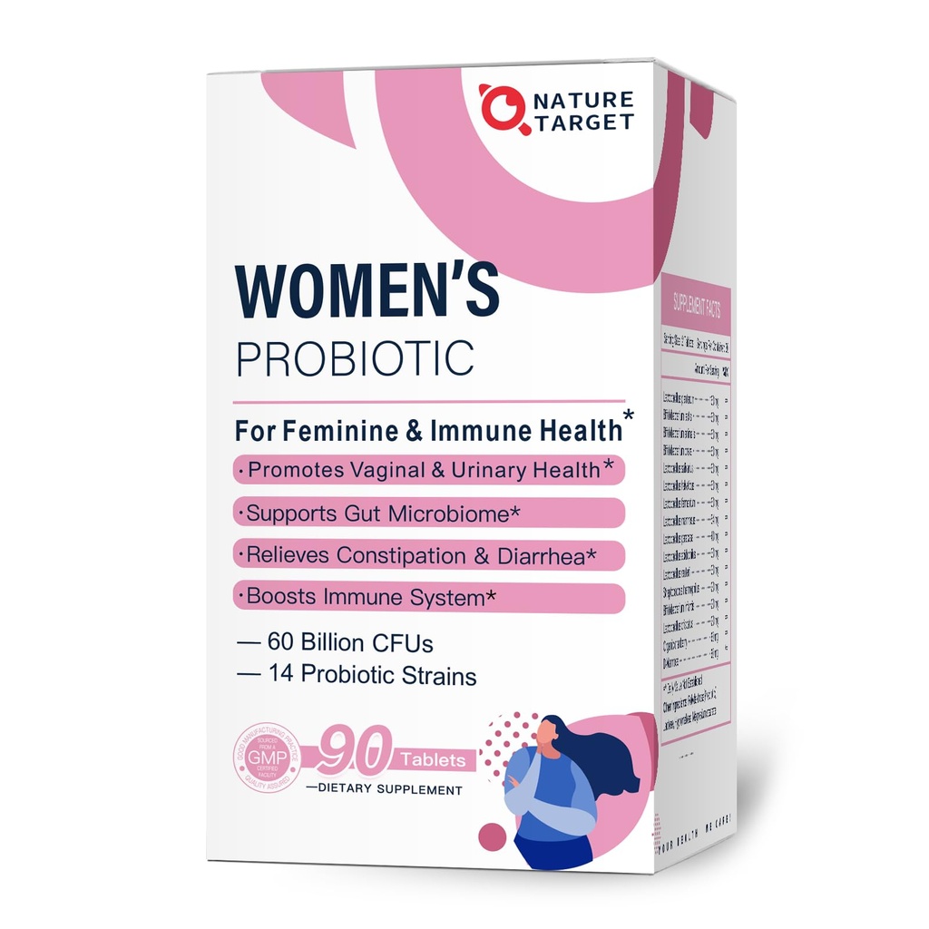 NATURE TARGET Probiotica-voor-Vrouwen met prebiotica, Cranberry en D-Mannose, 60-miljard-CFU's, Vrouwenprobiotica voor spijsverteringsgezondheid/Gut Health/Immune Booster