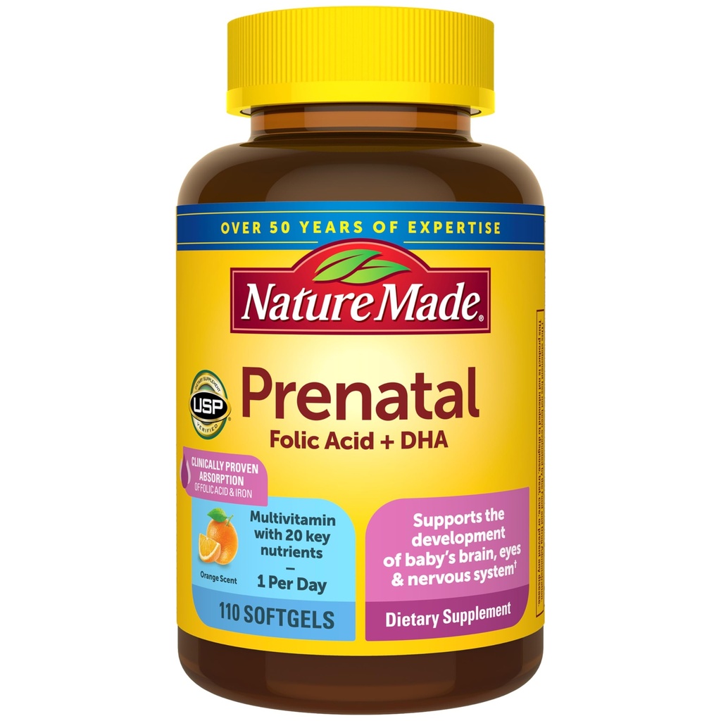 Nature faite prénatale avec acide folique + DHA, supplément de vitamines et minéraux prénatals pour le soutien nutritionnel quotidien, 110 softgels, 110 jours d'approvisionnement