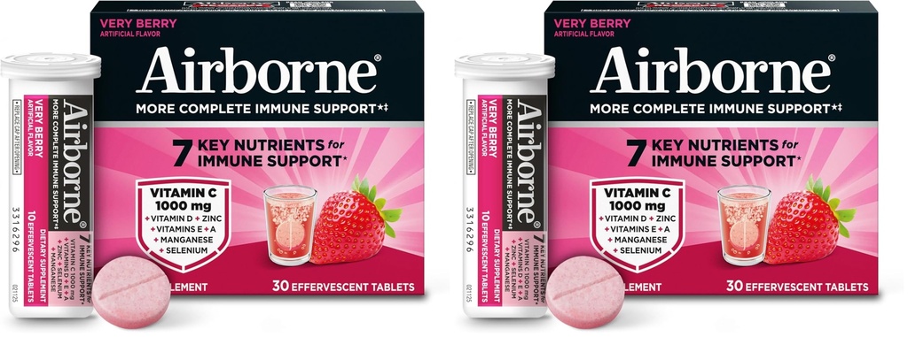 Airborne 1000mg Vitamine C met vitamine D & Zink, Suikervrij Multivitamine Immune Support Supplement, Antioxidanten Vitaminen A & Vitamine E, 30 Bruistabletten, Zeer Berry Flavor (Pack of 2)