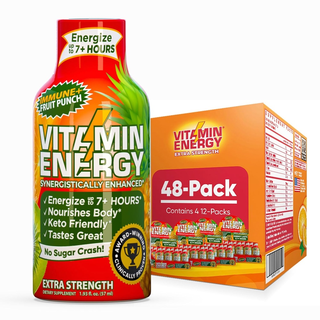 Vitamine Energie Immune+ Extra sterkte Energie Shot Fruit Punch 48 Pack, 260mg Natuurlijke Cafeïne, B-Vitaminen, Citicoline, Groene Thee, Immuniteit & Focus Ondersteuning, Zero Sugar, Glutenvrije 1,93 fl oz