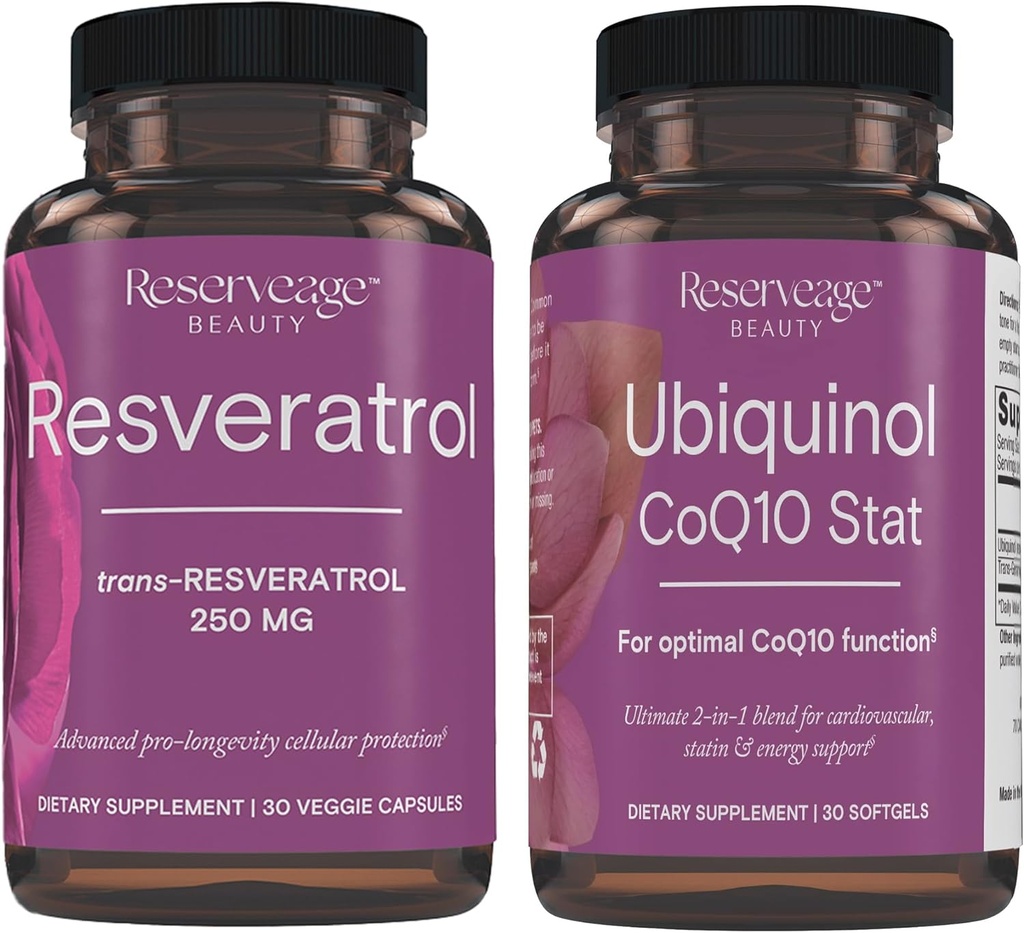 Reserveage Beauty, Resveratrol 250 mg, Antioxidant Supplement voor hart- en cellular Health 30 Caps & Ubichinol CoQ10 Stat - Ondersteuning voor hart- en vaatstelsel, energieniveaus en cellular Health - 30