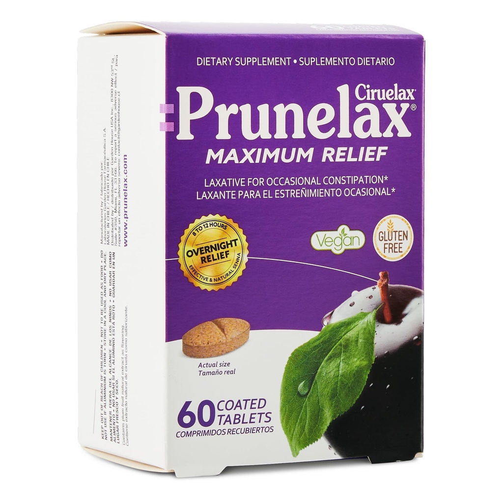 Prunelax Ciruelax Maximum Relief Laxative Tablets with Natural Senna for Occasional Constipatie, Senna Extract, Vegan & Gluten-Free, Gentle Overnight Relief - 60ct