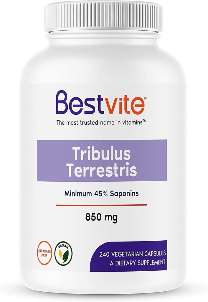 BESTVITE Tribulus Terrestris 850 mg per capsule (240 Vegetarische Capsules) - Gestandaardiseerd Extract - Min 45% Saponines - Geen Stearates - Geen Siliciumdioxide - Geen Fillers - Veganistisch - Niet GGO - Glutenvrij