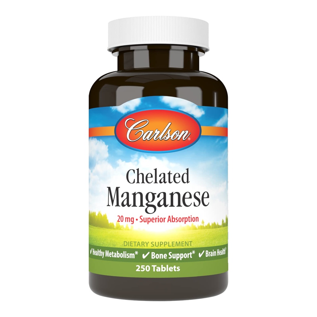 Carlson - gecheleerde Mangaan, 20 mg - Superieure Absorptie, Gezond Metabolisme, Bone Support & Brain Health, 250 tabletten
