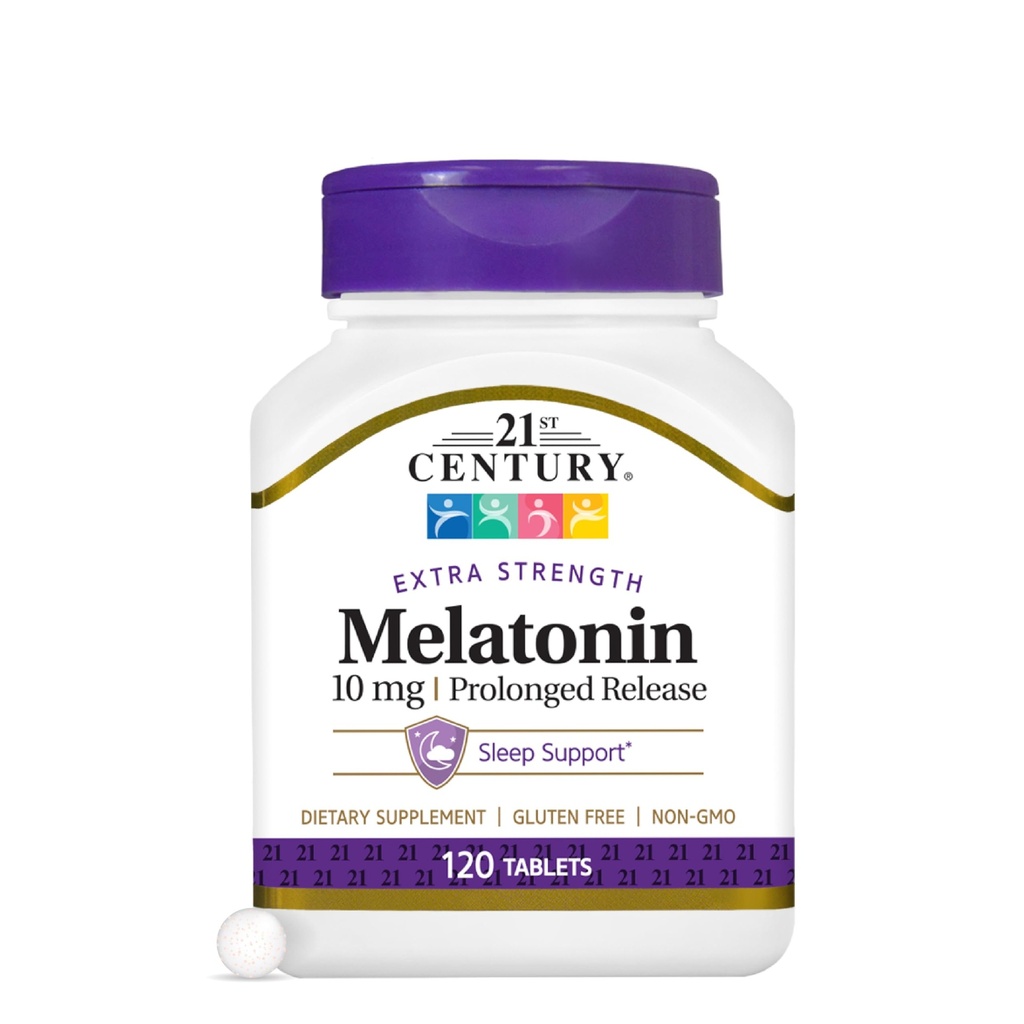 21e eeuw Melatonine 10mg Extra sterkte tabletten, (120 telling), Langdurige afgifte Slaaphulp voor volwassenen, bevordert ontspanning en rust, niet-habit vorming, Glutenvrije, niet-GMO