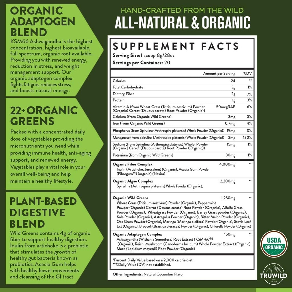 TruWild Greens Superfood Juice Powder, met 22+ Greens & Anti-Oxidants, Natuurlijke Immune, Stress, Digestie Ondersteuning Poeder, 90 Servers, 3 Pack