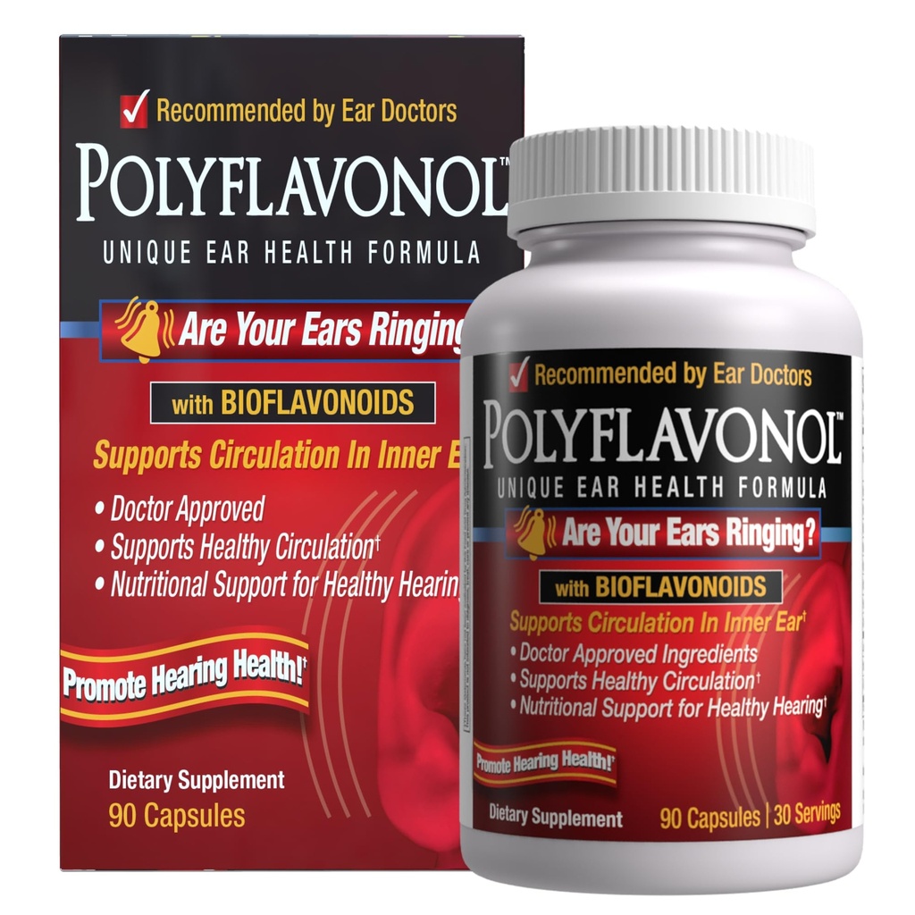 Polyflavonol avec des bioflavonoïdes, soulagement de l'acouphène, formule de santé de l'oreille unique, soutien des oreilles sonnantes, soutient la circulation dans l'oreille interne, favorise la santé auditive, 90 Capsule, 30 portions