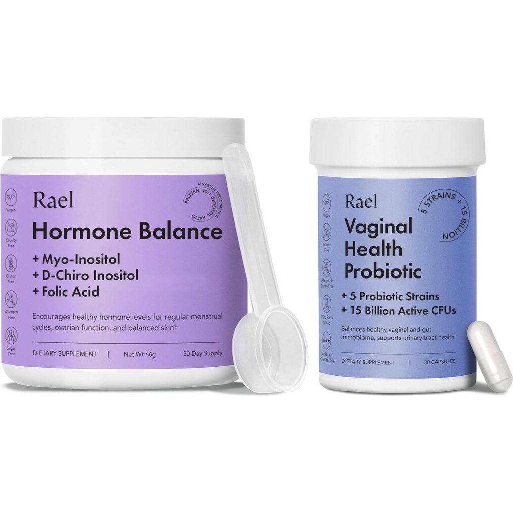 Rael Supplement voor vrouwen bundel - Hormone evenwicht, vruchtbaarheid en ovariële ondersteuning (30 dagen aanbod) & Probiotica, spijsverteringsenzymen, urinetrek gezondheid (30 dagen aanbod)