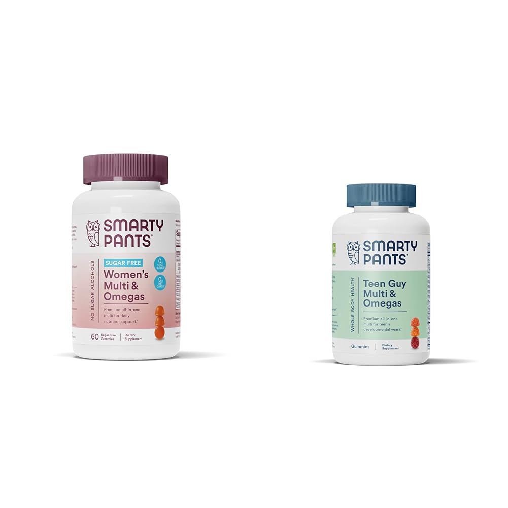 SmartyBants Vrouwen Multivitamine Gummies, Suikervrij: Biotine, Methylfolaat, Omega 3 (ALA), Vitamine D & Teen Guy Multivitamine Gummies: Omega 3 Visolie (EPA/DHA), Vitamine D3, C, Vitamine B12, B6