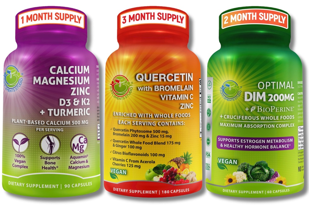 Vegan Bone, Immune, & Hormonal Support Trio, Plant-based Calcium, Magnesium, Zink + D3, K2 & Turmeric + Quercetine met bromelaïne, Vitamine C, Zink + DIM 200mg & BioPerine® in capsules met vertraagde afgifte