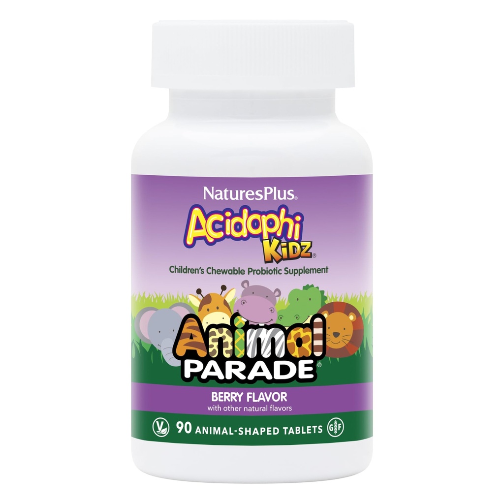 NaturesPlus Animal Parade AcidophiKidz, Berry Flavor - 90 Kauwbare, dierlijke tabletten - Verpakking van 2 - met Probiotica, FOS & Grape Seed - 180 Totaal porties