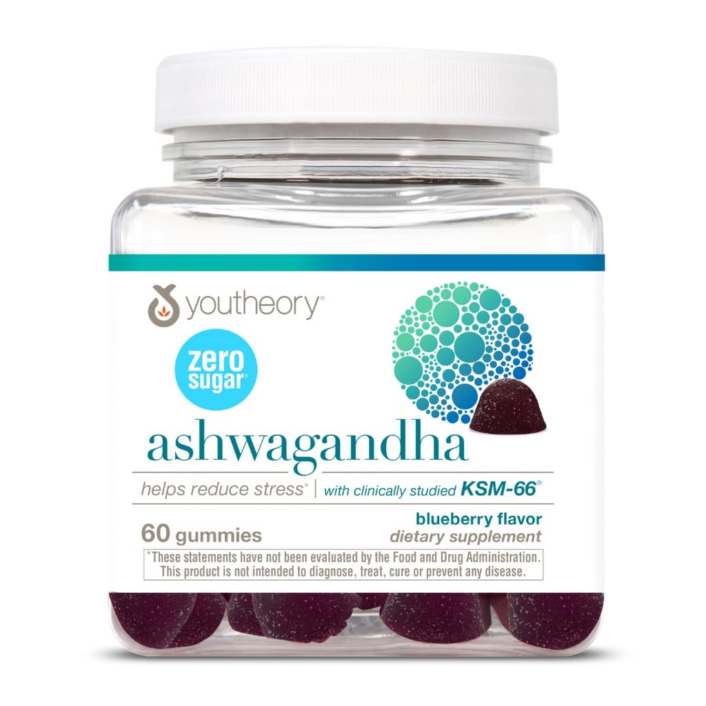 Youtheory Ashwagandha - Supplément de soutien à l'énergie et au stress végétariens avec extrait de KSM-66 et de gingembre biologique - faible teneur en sucre - Blueberry, 60 gommies (30 jours d'approvisionnement)