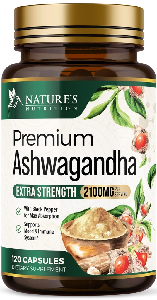 Suppléments Ashwagandha - 2100mg Ashwagandha Capsule pour les femmes et les hommes, Support antioxydant naturel, Extrait de racine Ashwa, Support calmant extra-fort avec poivre noir, végétalien et sans gluten - 120 capsules