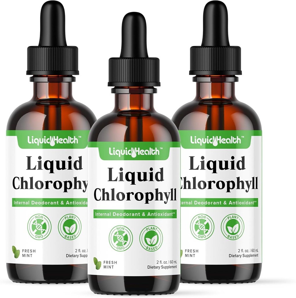 LIQUIDHEALTH Liquid Chlorofyl Drops - Internal Deodorizer, Antioxidants, Liver Detox, Immune Support, Relieve Bad Breath, Reduce Appetite, Collageen for Hair & Skin Health - Vegan, Non-GMO (3 Pack)
