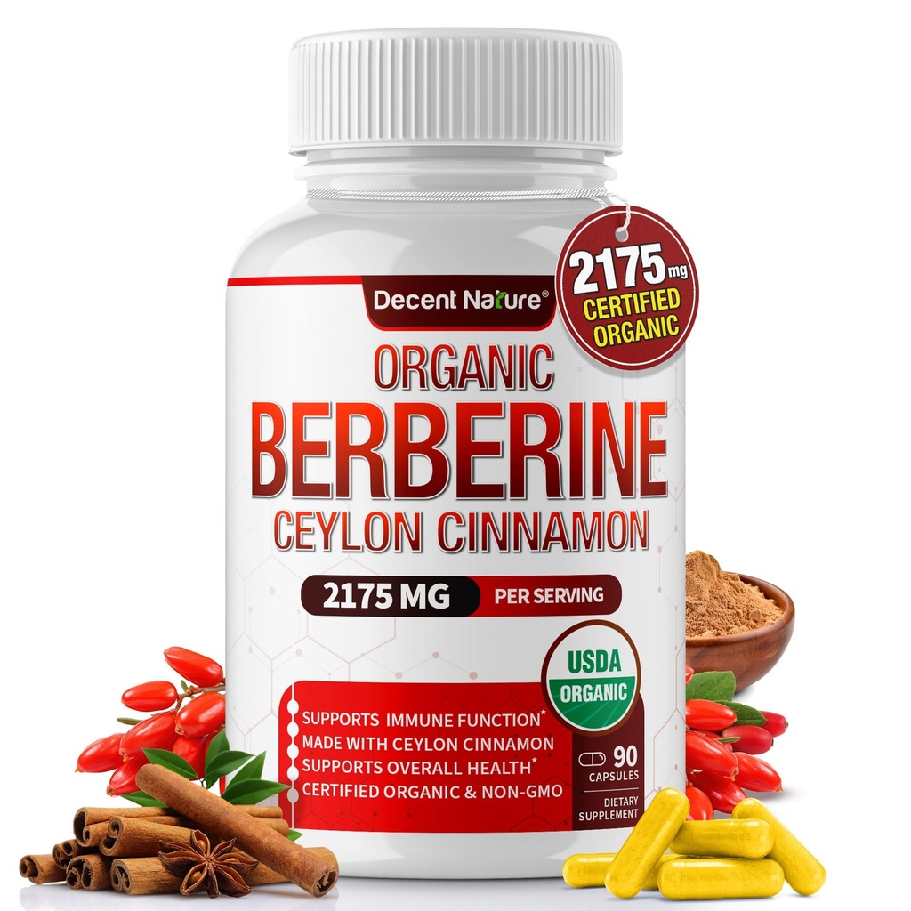 Biologische Berberine met Ceylon Cinnamon 2175mg - Premium berberine supplement hoge zuiverheid extract USDA Biologische, ondersteuning immuunsysteem, Berberine Plus Complex, Niet-GMO Vegan voor mannen Vrouwen 90 Capsules