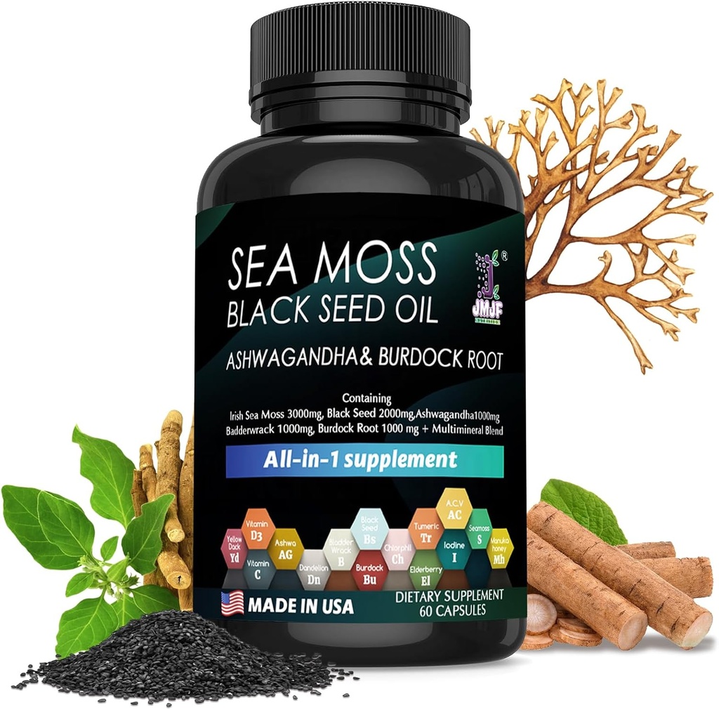 60 Seaweed Capsules Supplement, Biologische Zeewier, Zeewier Capsules, Verrijkt met mineralen en Burdock Root, Pure Natural Seaweed, Boosts Immune System, Gut, en Energie