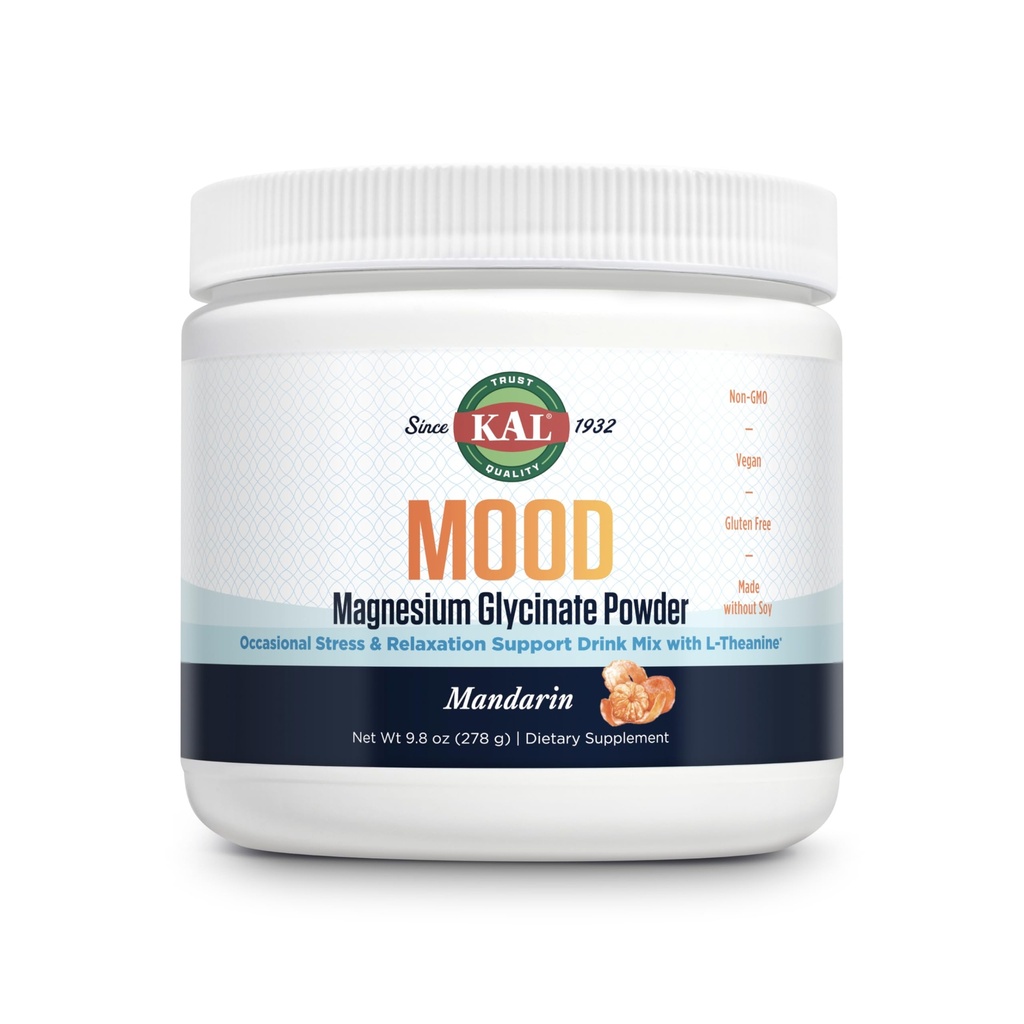 KAL Mood Magnesium Poeder met L-Theanine - Mandarijn Smaak Magnesium Supplement - Ontspanning Ondersteuning, Hoge Absorptie, Geen Toegevoegd Suiker, Veganistisch, Glutenvrij, Made Without Soy - 40 Servings, 9.8 oz