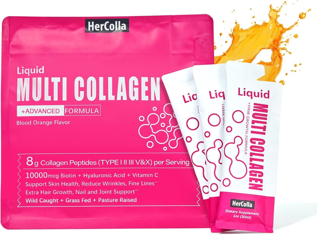 Liquid Collageen for Women, 10000mcg Biotin, 8000mg Multi Type Collageen Peptiden, Hyaluronzuur, Vitamine C, Huid, Nagel, Hair Supplement, Orange Flavor, 10 Fl oz. (1 Pack, Orange)