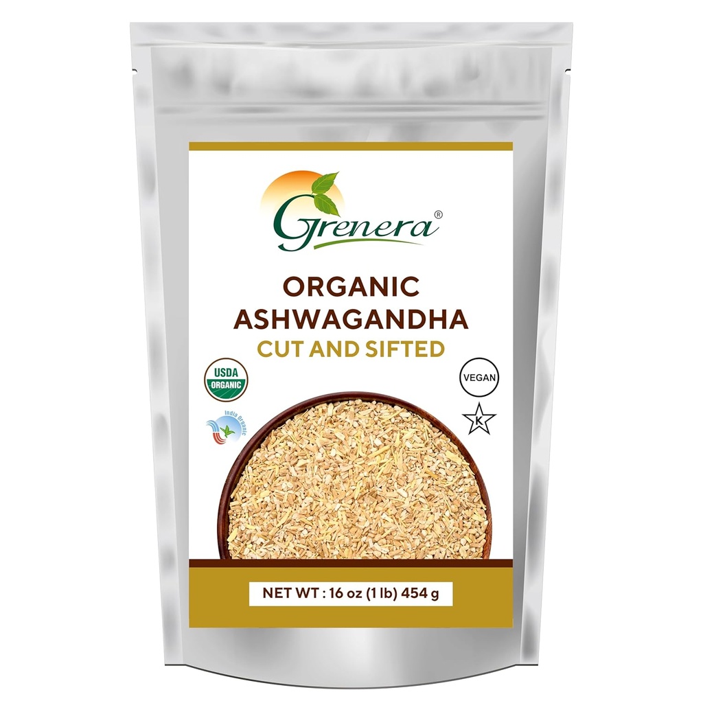Grenera Organic Ashwagandha Root Cut and Sifted 1 lb, Withania Somnifera USDA Gecertificeerd 3 tot 5 mm Grootte, Beste voor het maken van kruidenthee