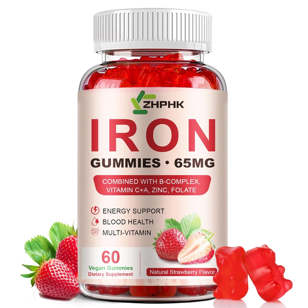 Supplément de fer Gommies, 65mg Fer et 250mg Vitamine C pour les femmes Hommes Enfants, Gommy de fer végétalien naturel avec vitamine A, B-Complex, Biotine, Zinc & Folate Energy Support & Immune Health, 60 Gommies