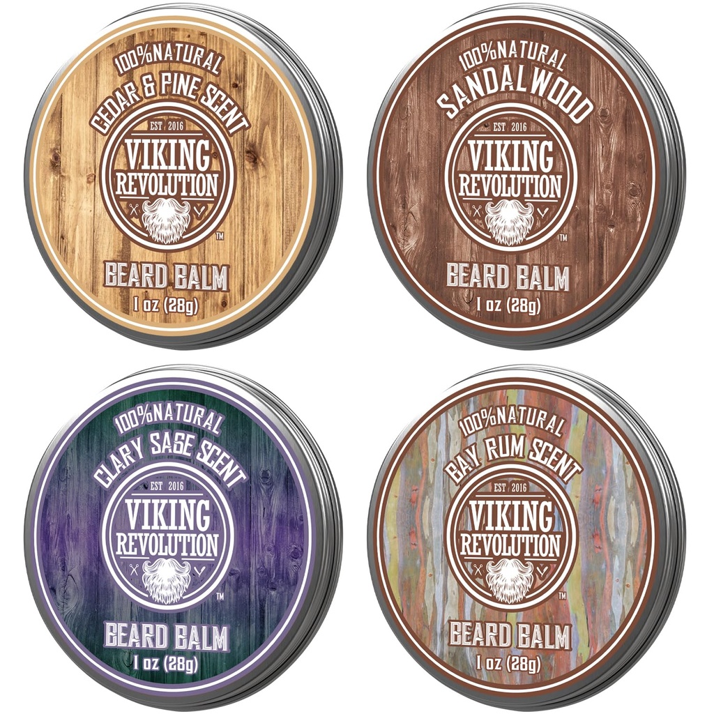 Viking Revolution 4 Beard Balm Variety Pack (1oz Each) - Sandalwood, Pine & Cedar, Bay Rum, Clary Sage - Styles, Versterkt en zachtt baarden en snorren - Wax for Men